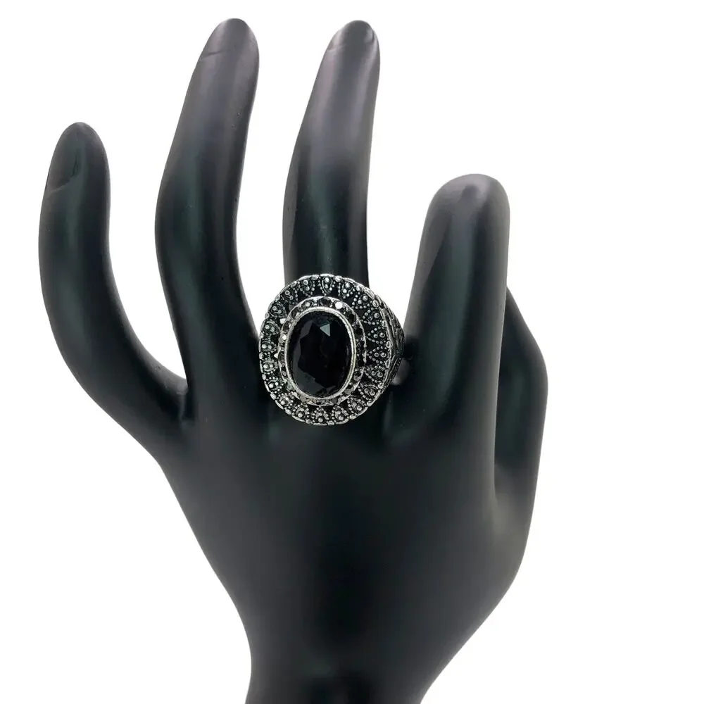 Silver and Black Rhinestone Statement Ring - Size 10